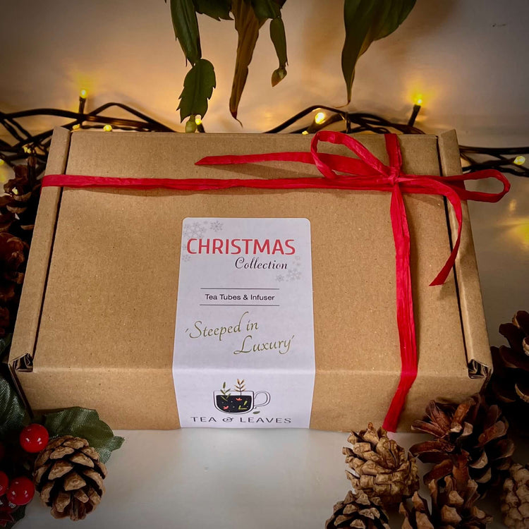 wellness tea tube gift box for christmas in brown box with loose leaf tea pine cones