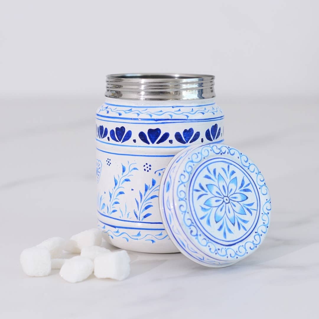Blue and White Storage Canister, Feathers and Droplets