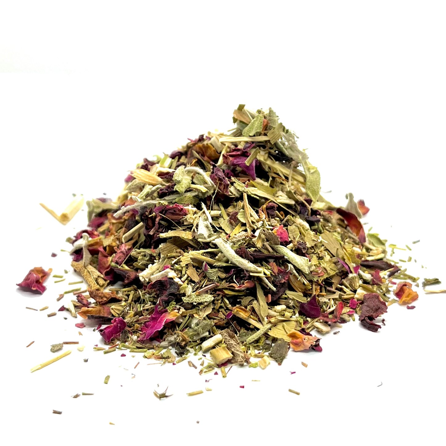 A pile of dried herbal tea leaves and petals.