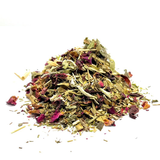 A pile of dried herbal tea leaves and petals.