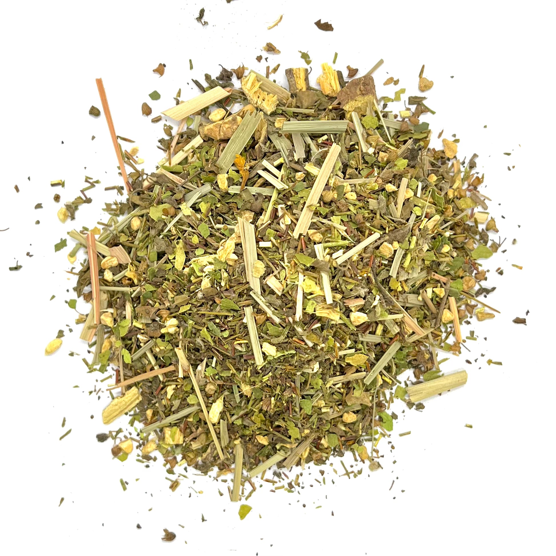 A mixture of dried herbs and leaves, including green rooibos, tulsi, ginger, liquorice, lemongrass, and lime leaves, indicative of a herbal tea blend.