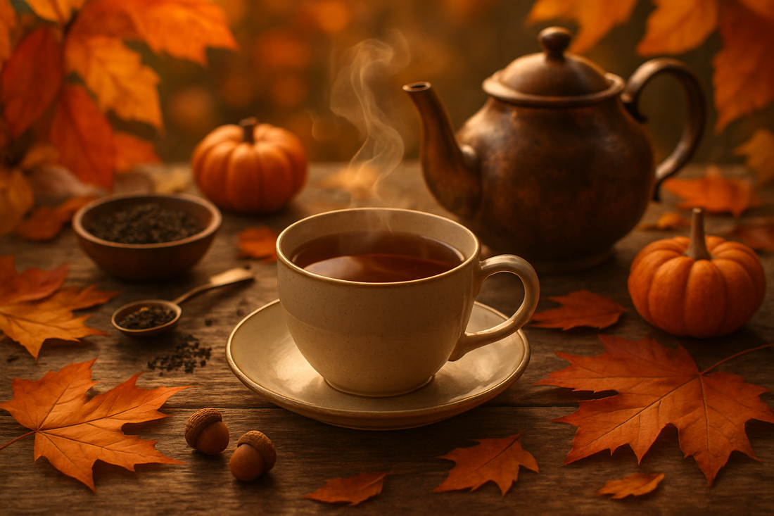 autumn tea scene with tea cup and teapot