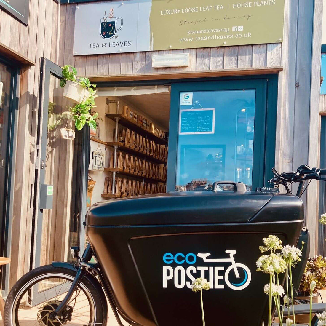 eco bike delivery service outside tea and leaves shop