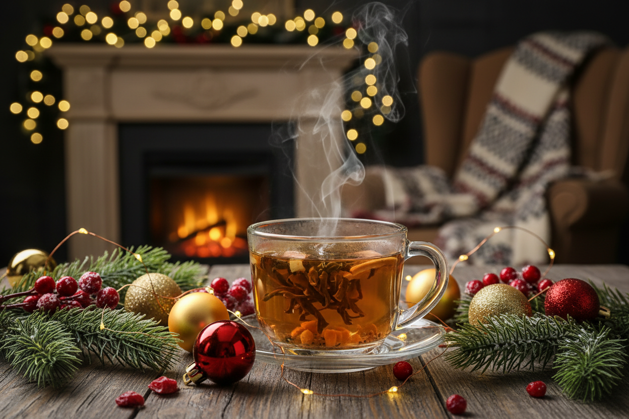 wellness tea tube gift box for christmas in brown box with loose leaf tea pine cones 
