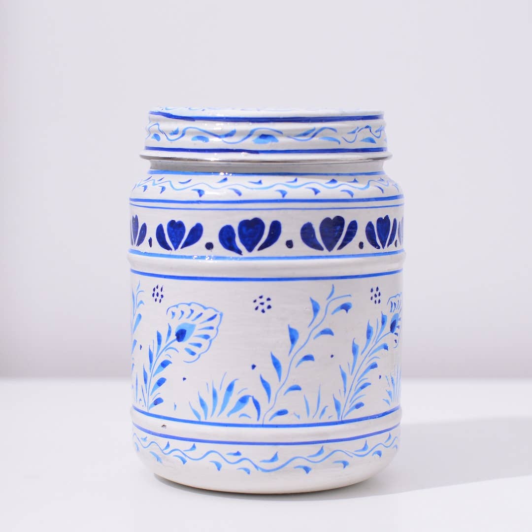 Blue and White Storage Canister, Feathers and Droplets