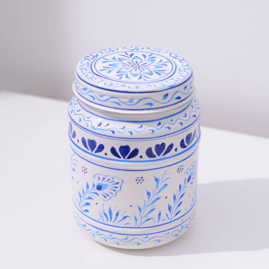 Blue and White Storage Canister, Feathers and Droplets