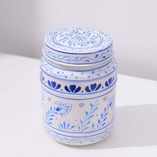 Blue and White Storage Canister, Feathers and Droplets
