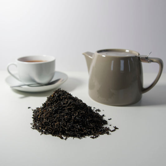 decaffeinated english breakfast black tea teapot teacup