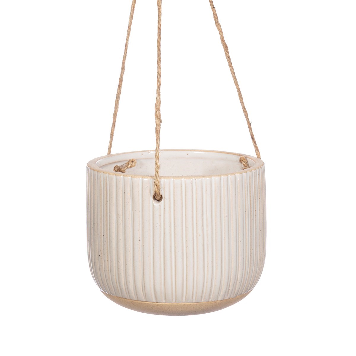 grooved off white hanging planter stoneware